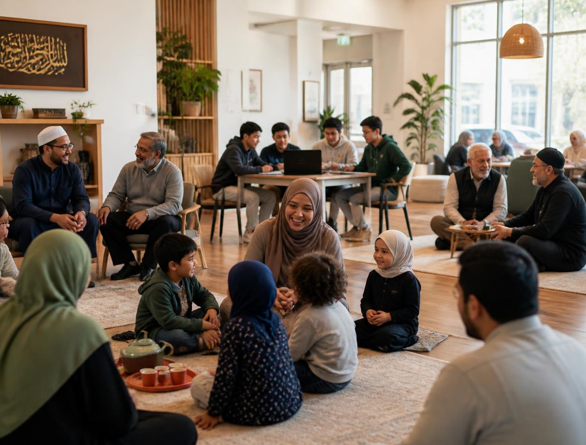 Families and friends of different ages gathering together in a bright community hall